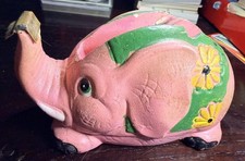 Vintage Pink Elephant Chalkware Tape Dispenser Floral MCM Retro Desk Decor picture