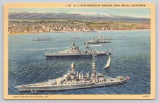 1947 Long Beach CA US Battleships Fairchild Air Photo Linen Postcard picture