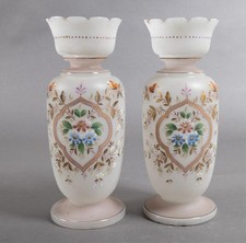 Pair of 19th Century Hand-Painted Bristol Style Glass Vase with Gilded Cartouche picture