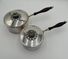 Vintage Italian Silver Tone Covered Saucepan Set of 2 Wood Handles Floral Lids picture