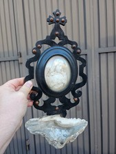 Antique Meerschaum Sacred heart madonna wood plaque shell holy water font picture