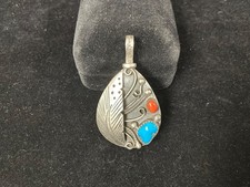 Navajo FJ Henry Reversible Pendant Sterling Turquoise 2-sided w/ Mom & Baby picture