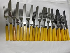 24 Pcs Butterscotch Bakelite Flatware Antique 12 Boker Forged Knives 12 VF Forks picture