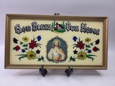 Antique Vintage Art Deco Foil God Bless Our Home Reverse Painted Framed Glass picture