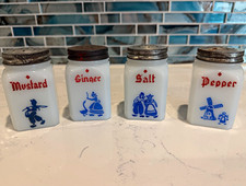 Vintage Dutch Pattern Milk Glass Spice Jar Set, 4 Square Jars w/ Metal Lids picture
