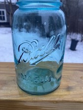 Vtg Rare Sloped, #5 Blue Ball Mason Jar#5 Lid, Many Bubbles & Errors 1910-1923 picture