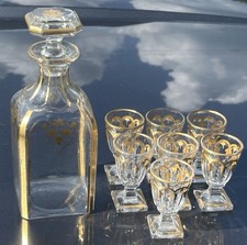 Antique Baccarat Mid 19th Century Decanter & 7 Liquor Glasses Gold Gilded Blown picture