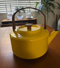 Copco Michael Lax Design 117 Tea Kettle Yellow Enamel W/Teak Wood Handle Vintage picture