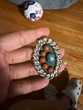 Vtg Navajo Sterling Silver Turquoise Coral Pendant Shadowbox Rope Border 30g picture
