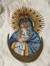 Antique Embroidery Our Lady Gate of Dawn Matka Boska Ostrobramska Textile Flaws picture