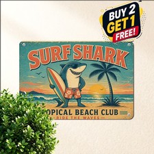 Surfing Dog Retro Puppy On Surfboard Coastal Living Room Plaque Metal Tin Sign picture