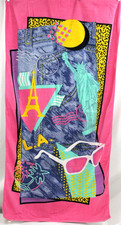 Hilasal Stone Wash Beach Towel VTG 1980's Bath Teal Pink LA Miami Statue Liberty picture