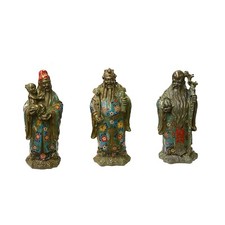 Vintage Metal Blue Yellow Enamel Cloisonné Fok Lok Shou Statue Set ws1893 picture