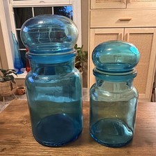 Blue Glass Apothecary Storage Jars Bubble Top Belgium Two Sizes VTG  picture