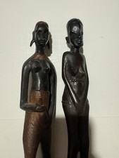 Handmade African Carved Wooden Male & Female Figurine Statues Pair on Bases picture
