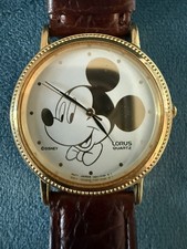 Vintage Lorus Quartz Disney Mickey Mouse Gold-Tone Watch Brown Leather Strap picture
