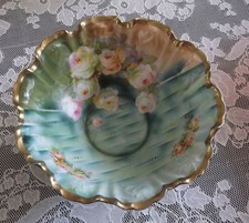 ANTIQUE HERMANN OHME SILESIA PEDESTAL BOWL with ROSES & GOLD TRIM picture