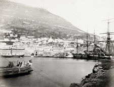 Gibraltar Harbour Rock Sailing Ships Seaport Townscape Vtg. Photo 19thC. picture