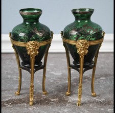 Pair of Antique Green Glass Vases with Silver OverlayDoré Gilt Lion Head Tripod picture