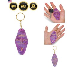 Dragonfly Inn Motel Keychain – Purple Marble Acrylic Key Tag with Gold Engrav... picture