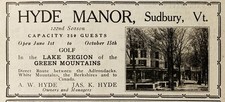 1922 AD.(PC8)~HYDE MANOR HOTEL, SUDBURY, VT. 122nd SEASON GREEN MOUNTAINS picture