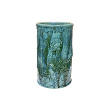Vintage Distressed Marks Turquoise Green Lotus Fishes Ceramic Holder GB651 picture