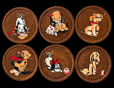 Vintage Set of 6 Puppy Dog Coasters Round Retro Mid Century Kitsch Barware picture