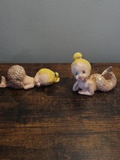 2 Vintage 1950s KREISS Mermaids Rhinestone Eyes & Hair Tie Gold Fleck Tail Lot picture