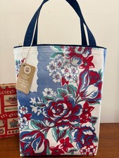 #877 Vintage Red White & Blue Patriotic Floral Faded Tablecloth Tote Market Bag picture