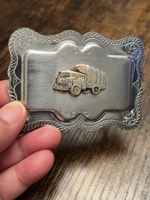 Vintage Silver Belt Buckle 50s 60s Japan Big Gold Truck 3D Curved Border Flowers picture
