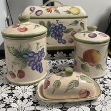 Vintage Lillian Vernon Bread Box Canisters Fruit Prints Handpainted Cherry Apple picture