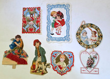 Antique vtg Victorian Lot of 6 Valentine Heart Die Cut Cards Children picture