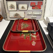 Vintage red 3-Piece Lacquerware Christmas Tray Set Made In Japan new in box picture