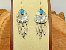 Vintage Navajo Native Sterling Turquoise Concho Feather Dangle earring--2365.26 picture