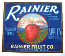 Original 1930s RAINIER apple crate label Mt Rainier Washington 40 lb extra fancy picture