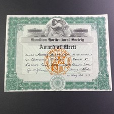 Vintage 1939 Hamilton Horticultural Society Award of Merit Certificate Marigolds picture
