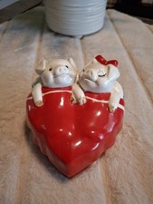 Vintage 1980 Fitz & Floyd Makin' Bacon Heart Shaped Trinket Box Pigs in Bed  picture