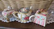 Vintage Hand Painted Miniature Ceramic Teapot Jewelry trinket Boxs (Set Of 3) picture