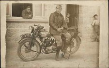 Courcy Motorcycle Club Soldier & Uniform MOTOCOMFORT on GAS TANK??? c1931 RPPC picture