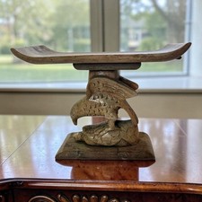 Vtg Rare African Ghana Ashanti Wood Carved Tribal Stool Headrest Eagle On Turtle picture