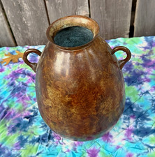 Vintage Solid Copper Vase Twin Loop Handles Verdigris Patina Heavy 10