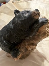 Vintage Enesco Imports Black Bear Climbing Tree Stump Porcelain Figurine Mexico picture