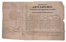 1828, SIGNED by LEVI LINCOLN, JR, MASSACHUSETTS MILITIA COMMISSION, w STATE SEAL picture