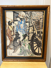 VTG 1970s Faux Lacquer Relief Wall Plaque 16x20 Faux Bamboo Frame Utamaro Parody picture