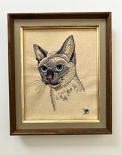 vintage hand Embroidered Cat Portrait Framed Signed Amazing Artwork Face picture