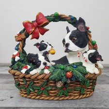 Danbury Mint Deck The Paws Boston Terriers Mom And Babies In Christmas Basket picture