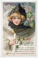 Antique Vintage Halloween Postcard Winsch, Schmucker Lady with Goblins & Candle picture