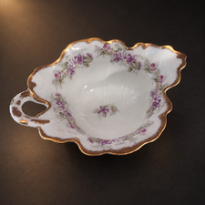 Antique Elite Works Limoges France Violet Leaf Shape Handled Nappy Dish  picture