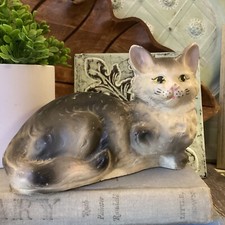 Vintage Hard Plastic Cat  Grey White 4”x6” Kitty Crazy Cat Lady gift picture