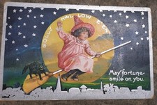 Vintage Postcard Jolly Halloween Witch Black Cat Moon 1909 Original picture
